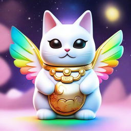 Generate a 3D anime art image of a white Maneki Neko, also known as a beckoning cat, wearing a gold necklace with the number nine on it