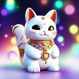 Generate a 3D anime art image of a white Maneki Neko, also known as a beckoning cat, wearing a gold necklace with the number nine on it