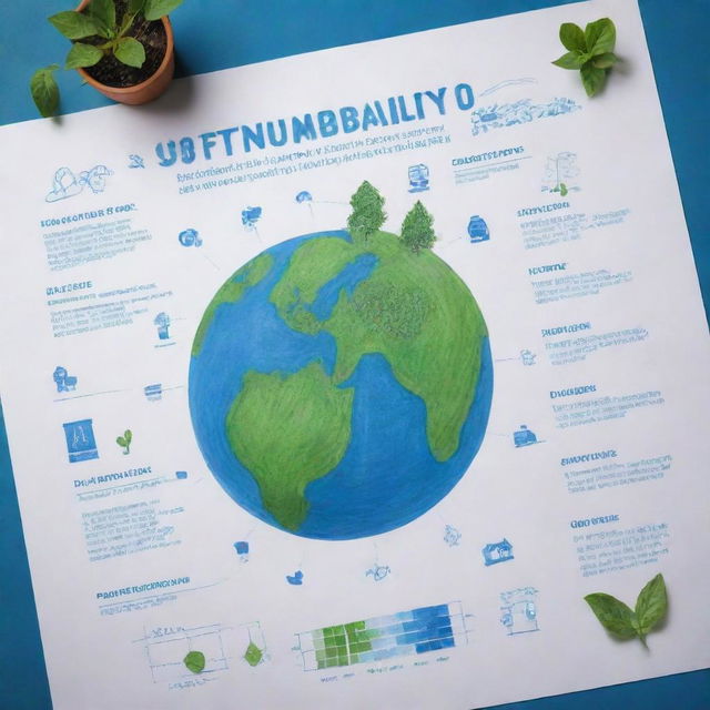 Illustrate a detailed blueprint depicting sustainability goals like renewable energy sources, waste management, planting trees, clean water and clean air initiatives.