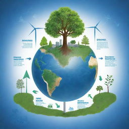 Illustrate a detailed blueprint depicting sustainability goals like renewable energy sources, waste management, planting trees, clean water and clean air initiatives.