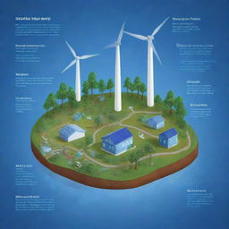 Illustrate a detailed blueprint depicting sustainability goals like renewable energy sources, waste management, planting trees, clean water and clean air initiatives.