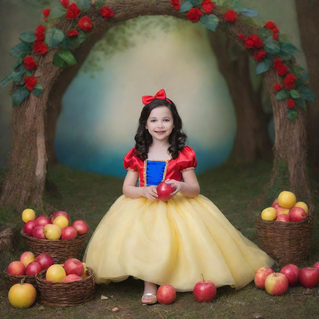 A semi-realistic, magical backdrop inspired by Disney's Snow White for a children's photoshoot, filled with whimsical elements of the fairy tale in bright, child-friendly colors.