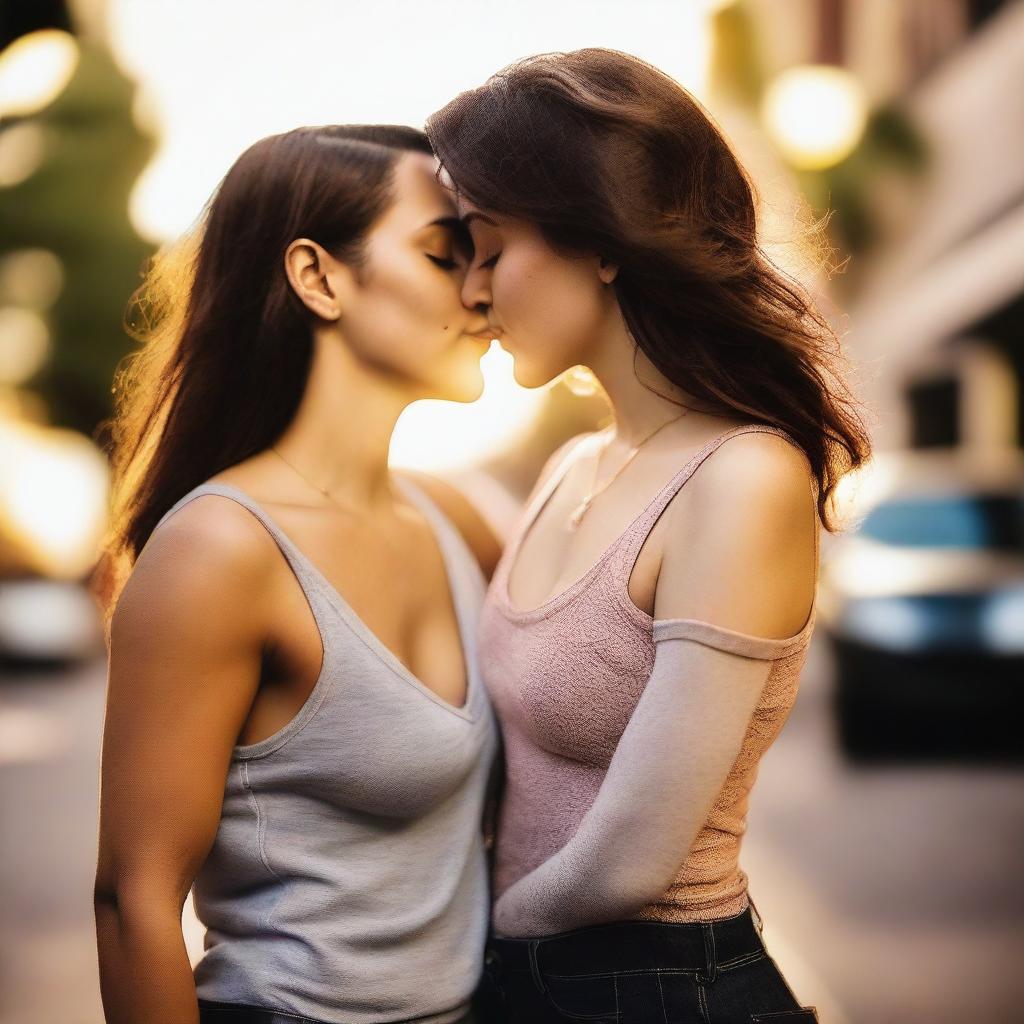 A lesbian couple sharing a passionate kiss