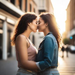 A lesbian couple sharing a passionate kiss