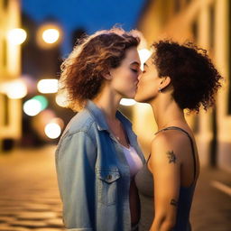 A lesbian couple sharing a passionate kiss