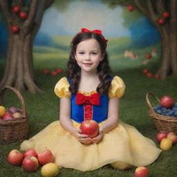 A semi-realistic, magical backdrop inspired by Disney's Snow White for a children's photoshoot, filled with whimsical elements of the fairy tale in bright, child-friendly colors.