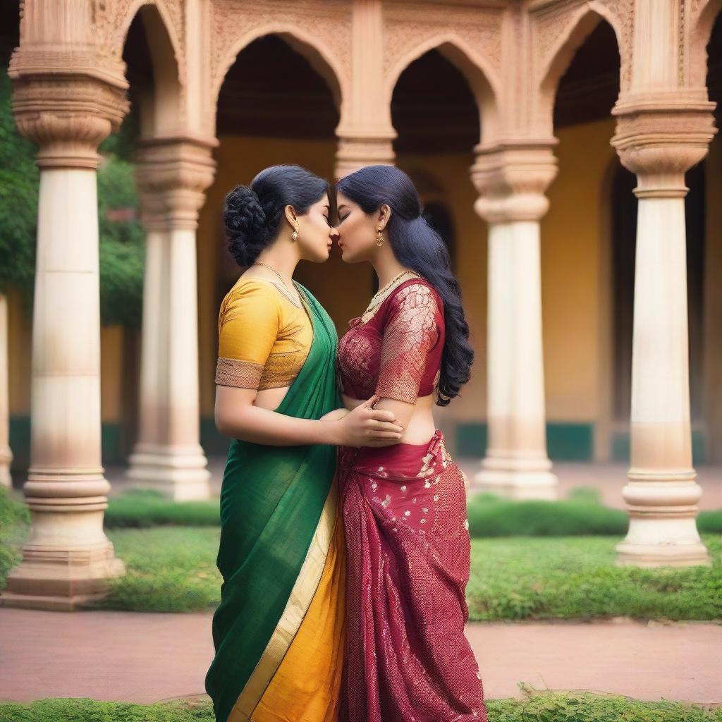 A lesbian couple, both wearing traditional sarees, sharing a tender kiss