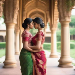 A lesbian couple, both wearing traditional sarees, sharing a tender kiss