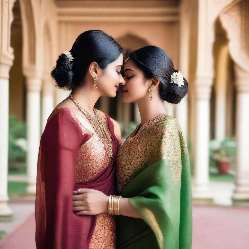 A lesbian couple, both wearing traditional sarees, sharing a tender kiss