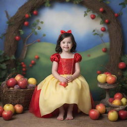 A semi-realistic, magical backdrop inspired by Disney's Snow White for a children's photoshoot, filled with whimsical elements of the fairy tale in bright, child-friendly colors.