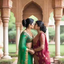 A lesbian couple, both wearing traditional sarees, sharing a tender kiss