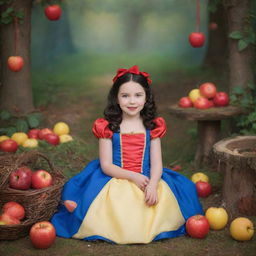 A semi-realistic, magical backdrop inspired by Disney's Snow White for a children's photoshoot, filled with whimsical elements of the fairy tale in bright, child-friendly colors.