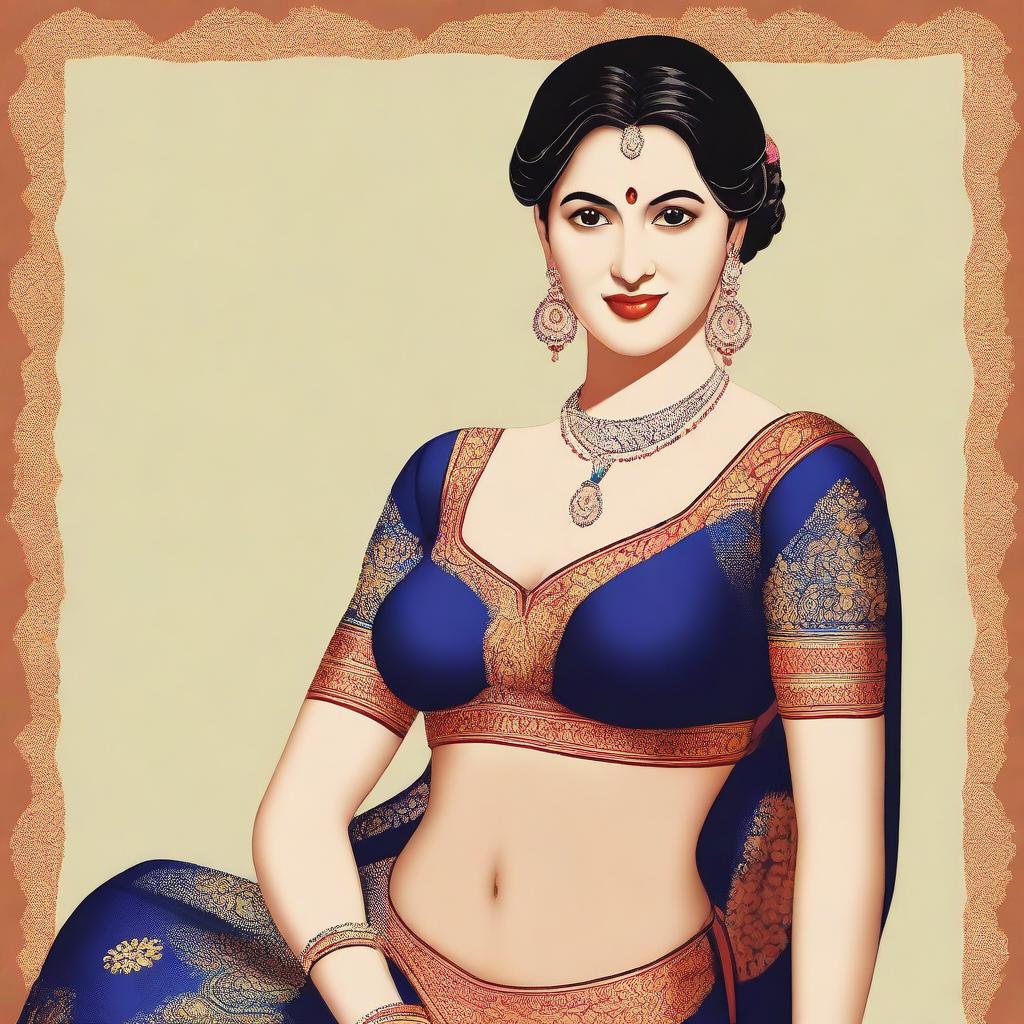 A woman is depicted wearing a traditional saree, but the top part has been removed to reveal her blouse