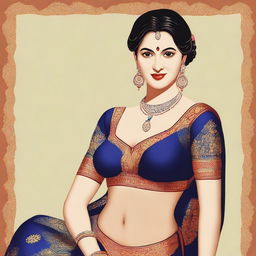 A woman is depicted wearing a traditional saree, but the top part has been removed to reveal her blouse