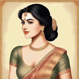 A woman is depicted wearing a traditional saree, but the top part has been removed to reveal her blouse