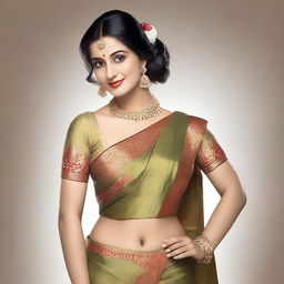 A woman is depicted wearing a traditional saree, but the top part has been removed to reveal her blouse