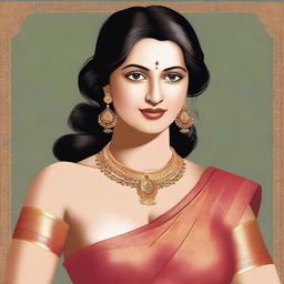 A woman is depicted wearing a traditional saree, but the top part has been removed to reveal her blouse