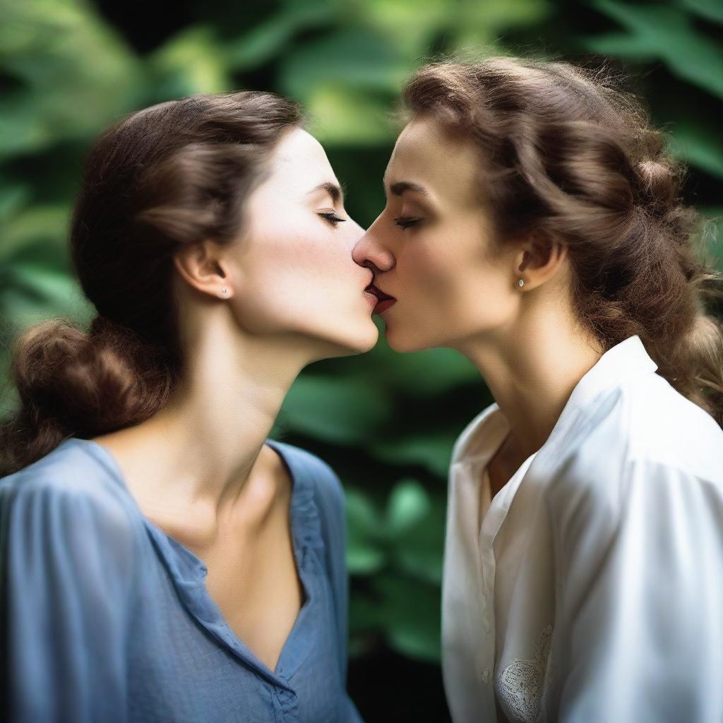 Two women wearing only blouses are sharing a passionate French kiss