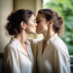 Two women wearing only blouses are sharing a passionate French kiss