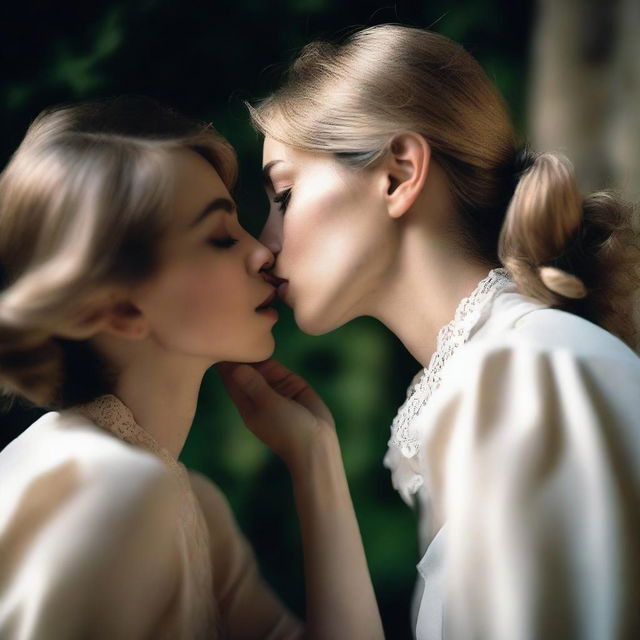 Two women wearing only blouses are sharing a passionate French kiss