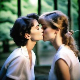 Two women wearing only blouses are sharing a passionate French kiss