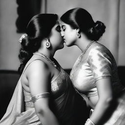 Two women, each wearing a blouse and the inner part of a saree, are sharing a passionate French kiss