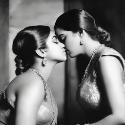 Two women, each wearing a blouse and the inner part of a saree, are sharing a passionate French kiss