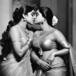 Two women, each wearing a blouse and the inner part of a saree, are sharing a passionate French kiss