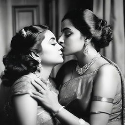 Two women, each wearing a blouse and the inner part of a saree, are sharing a passionate French kiss