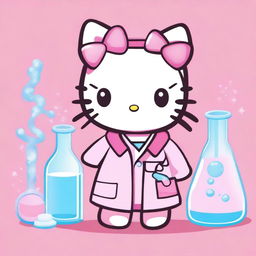 A cute image of Hello Kitty dressed as a chemist with a pink background