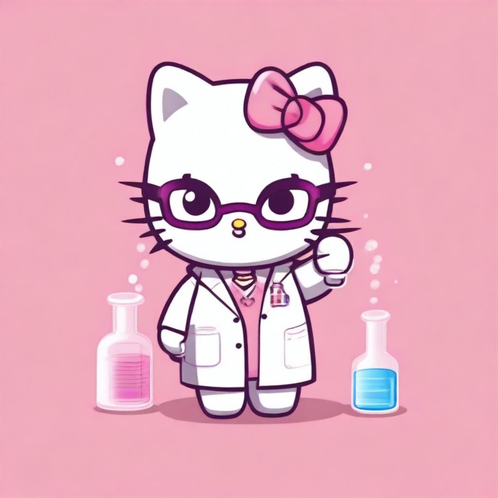 A cute image of Hello Kitty dressed as a chemist with a pink background