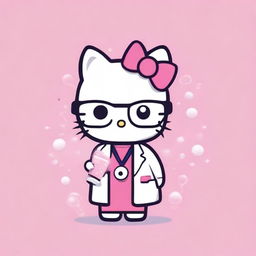 A cute image of Hello Kitty dressed as a chemist with a pink background