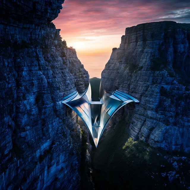 A futuristic structure spans between two towering cliffs, captured in a high-resolution architectural photograph. The structure is a sleek combination of metal and glass, contrasting with the rugged cliffs. The setting sun paints the sky with vibrant colors, casting long shadows and illuminating the structure from within.