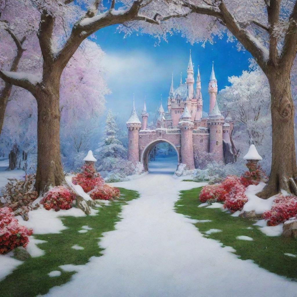 A semi-realistic, enchanting backdrop inspired by Disney's 'Snow White', sans any people, designed specifically for a photoshoot. The image should include iconic aspects of the fairy tale in vivid colors.