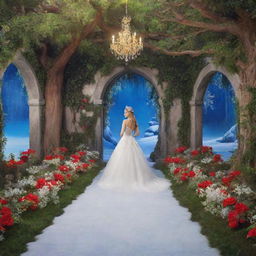 A semi-realistic, enchanting backdrop inspired by Disney's 'Snow White', sans any people, designed specifically for a photoshoot. The image should include iconic aspects of the fairy tale in vivid colors.