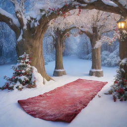 A semi-realistic, enchanting backdrop inspired by Disney's 'Snow White', sans any people, designed specifically for a photoshoot. The image should include iconic aspects of the fairy tale in vivid colors.