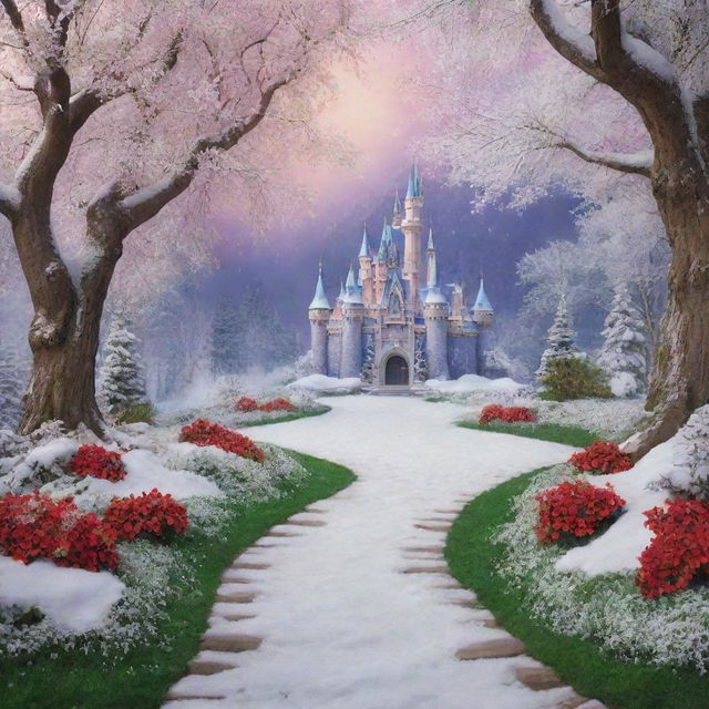 A semi-realistic, enchanting backdrop inspired by Disney's 'Snow White', sans any people, designed specifically for a photoshoot. The image should include iconic aspects of the fairy tale in vivid colors.