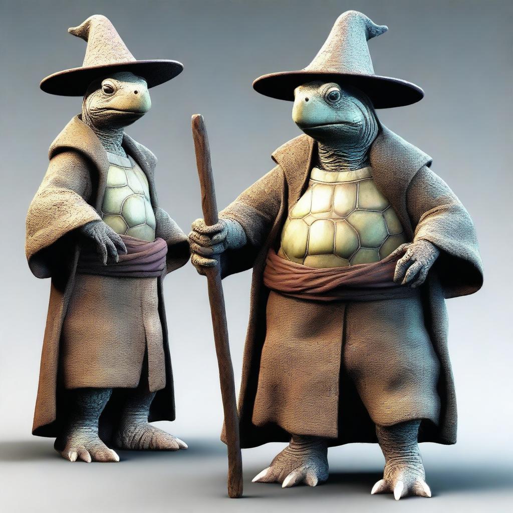 Generate a realistic image of an old humanoid turtle character