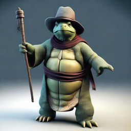 Generate a realistic image of an old humanoid turtle character