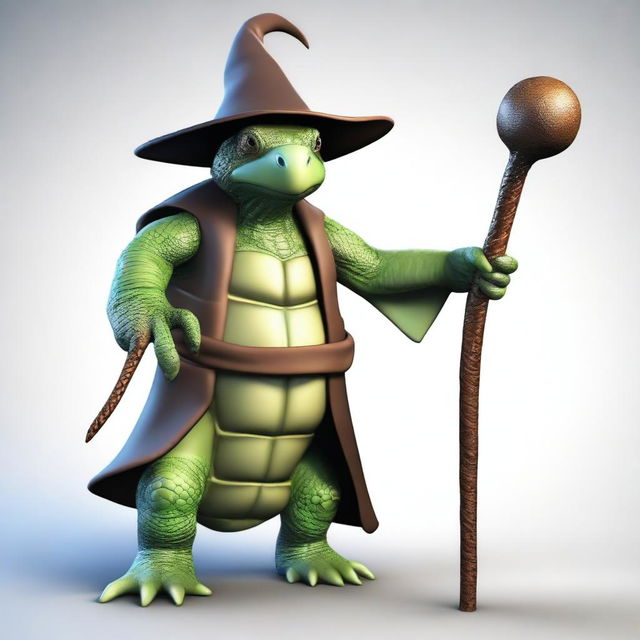 Generate a realistic image of an old humanoid turtle character