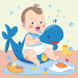 An illustration of a baby eating a whale-shaped toy