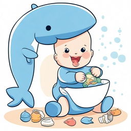 An illustration of a baby eating a whale-shaped toy