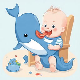 An illustration of a baby eating a whale-shaped toy