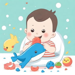 An illustration of a baby eating a whale-shaped toy