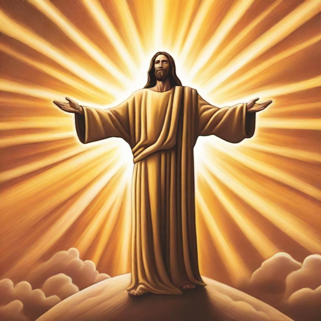 The central focus is a radiant sun, its brilliant rays forming a cross-like shape, representing Jesus