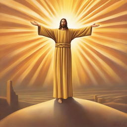 The central focus is a radiant sun, its brilliant rays forming a cross-like shape, representing Jesus