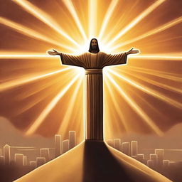 The central focus is a radiant sun, its brilliant rays forming a cross-like shape, representing Jesus