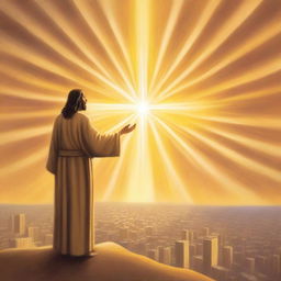 The central focus is a radiant sun, its brilliant rays forming a cross-like shape, representing Jesus