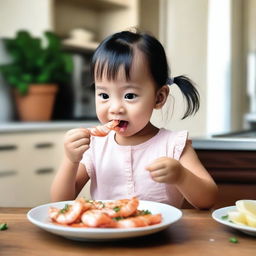 A small child joyfully eating shrimp