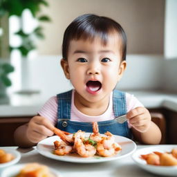 A small child joyfully eating shrimp